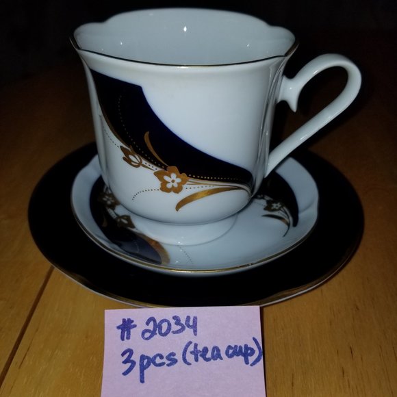 2034 Collectible 1 Tea Cup Germany Freiberger Porzellan Cobal Blue White Gold - Picture 3 of 6